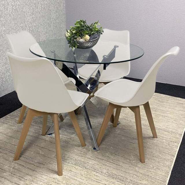 Kosy Koala Maya Tulip 4 Seater Round Glass Dining Set Cream - Multi - Wilko - image 1