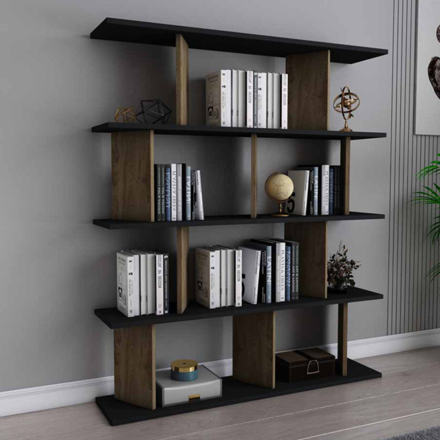 Decorotika Grace 10 Shelf Black and Oud Oak Bookcase - Size: 141 x 120 x 24.6cm - Multi - Wilko - image 1