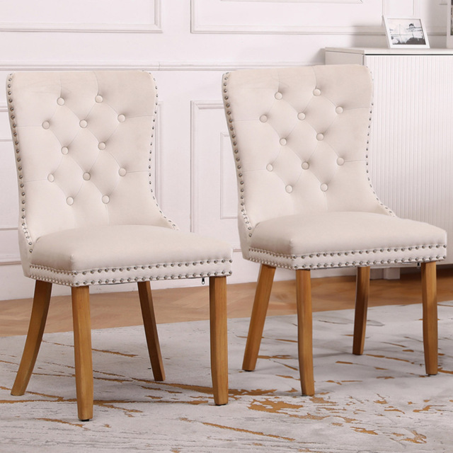 Neo Set of 2 Natural Studded Velvet Dining Chairs with Ring Knocker Detail - Cream - Wilko - image 1