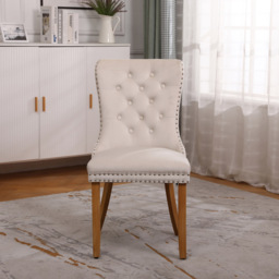 Neo Set of 2 Natural Studded Velvet Dining Chairs with Ring Knocker Detail - Cream - Wilko - thumbnail 4