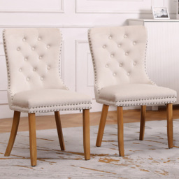 Neo Set of 2 Natural Studded Velvet Dining Chairs with Ring Knocker Detail - Cream - Wilko - thumbnail 1