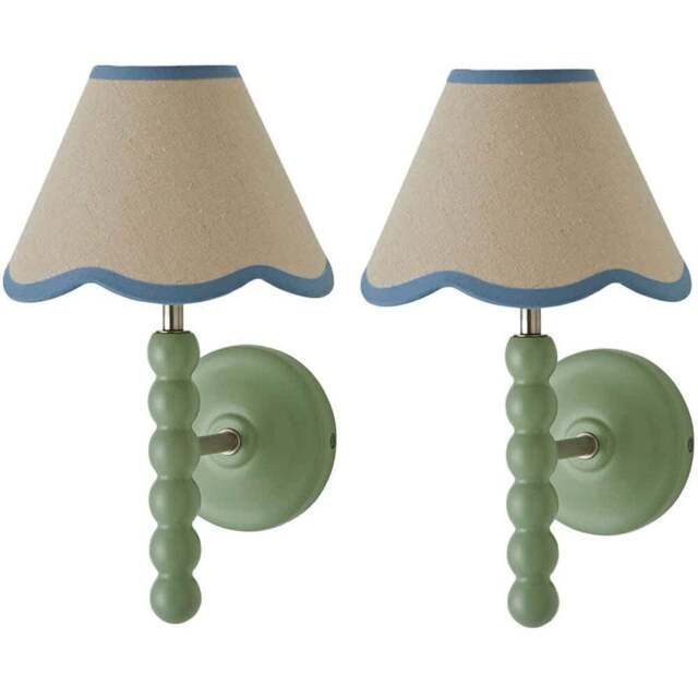 ValueLights Blue Trim Scallop Shade Green Bobbin LED Wall Light with Bulb 2 Pack - Size: 32 x 19 x 20cm - Wilko - image 1