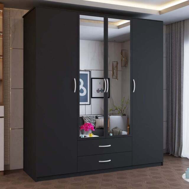 Sliding Wardrobes 4U London 4 Door 2 Drawer Black Hinged Central Mirrored Wardrobe 171cm - Size: 4 Door, 2 Drawer - Wilko - image 1