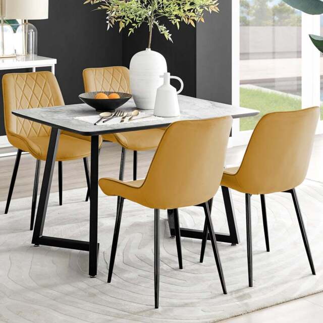 Furniturebox Copeland Cesano Marble Effect 4 Seater Dining Set White Mustard and Black - Yellow - Wilko - image 1