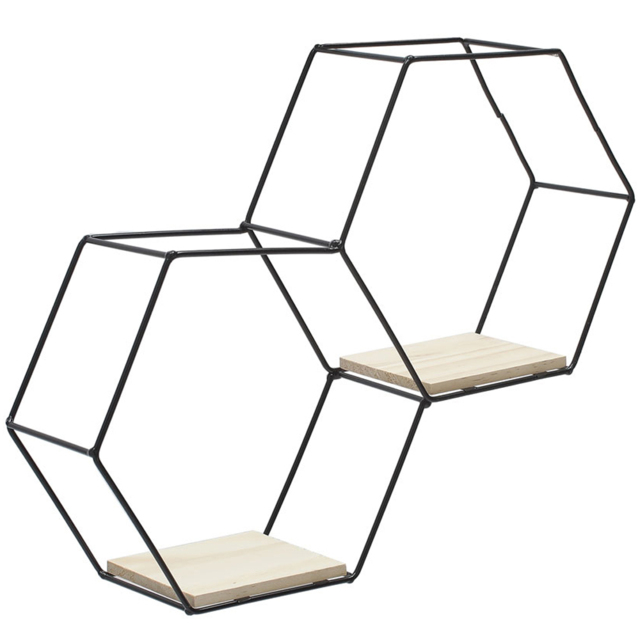 Living and Home 2 Compartment Hexagon Wall Shelf with Iron Frame - Size: 41.5 x 9.5 x 30.5cm - Wilko - image 1