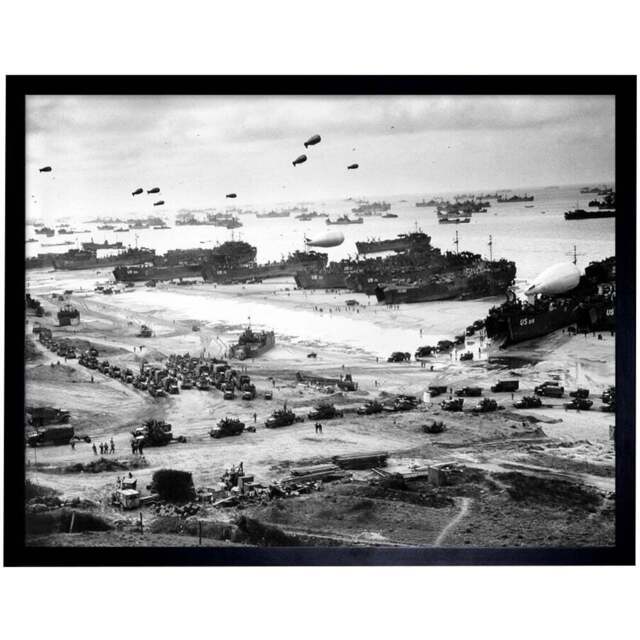 Artery8 WWII War D Day 1944 US Landing Ship Omaha Beach Framed Wall Art Print 30 x 41cm - Size: 43.3 x 33.3 x 1.5cm - Grey - Wilko - image 1