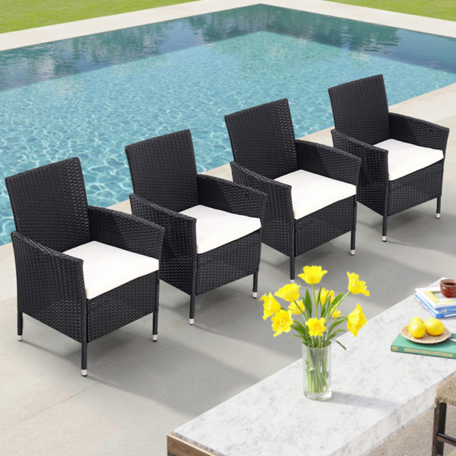 Living and Home Set of 4 Rattan Chair with Cushioned Seat - Size: 82.5 x 58 x 61cm - Black - Wilko - image 1