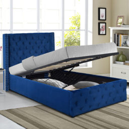 Comfy Living Single Blue Winged Plush Velvet Fabric Gas Lift Ottoman Bed Frame - Wilko