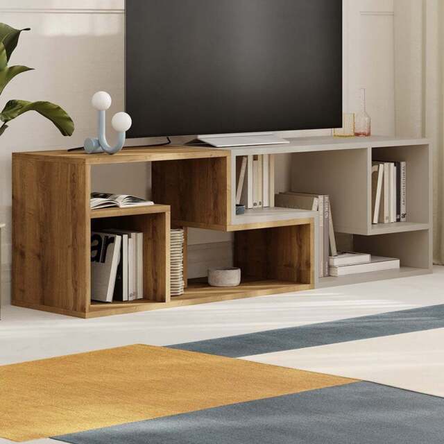 Decortie Glis 6 Shelf Dark Oak and Sandstone Modern Adjustable Corner TV Unit - Size: 45 x 90 x 35cm - Multi - Wilko - image 1