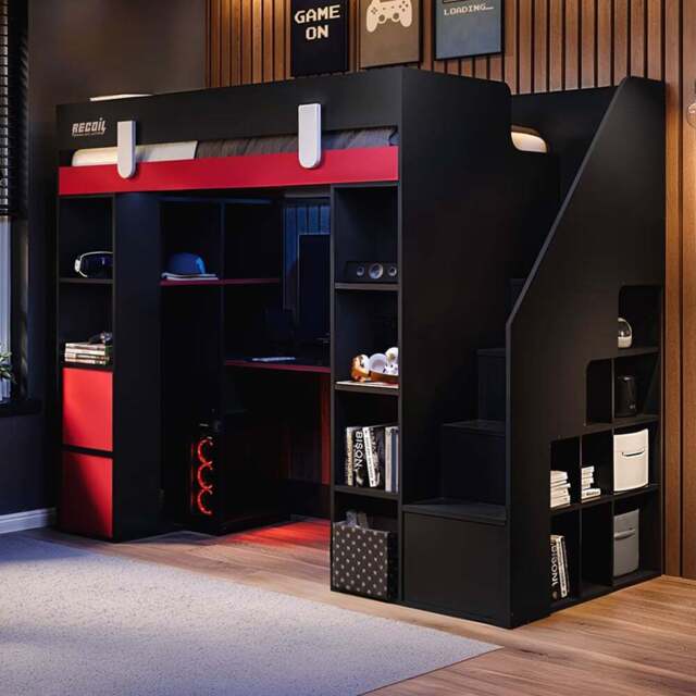 Flair Blaze Black and Red Staircase Gaming High Sleeper with Storage - Size: Single - Wilko - image 1