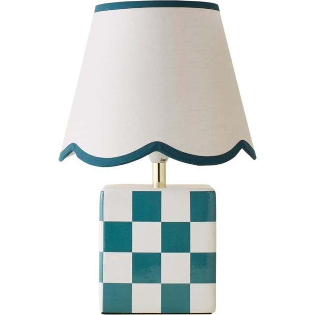 ValueLights Evie Sage Green Trim Linen Scallop Shade Cube Checkered Ceramic LED Table Lamp - Size: 34.5 x 14 x 14cm - Wilko - image 1