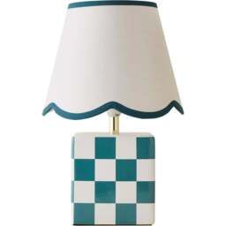ValueLights Evie Sage Green Trim Linen Scallop Shade Cube Checkered Ceramic LED Table Lamp - Size: 34.5 x 14 x 14cm - Wilko