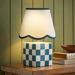 ValueLights Evie Sage Green Trim Linen Scallop Shade Cube Checkered Ceramic LED Table Lamp - Size: 34.5 x 14 x 14cm - Wilko - thumbnail 3
