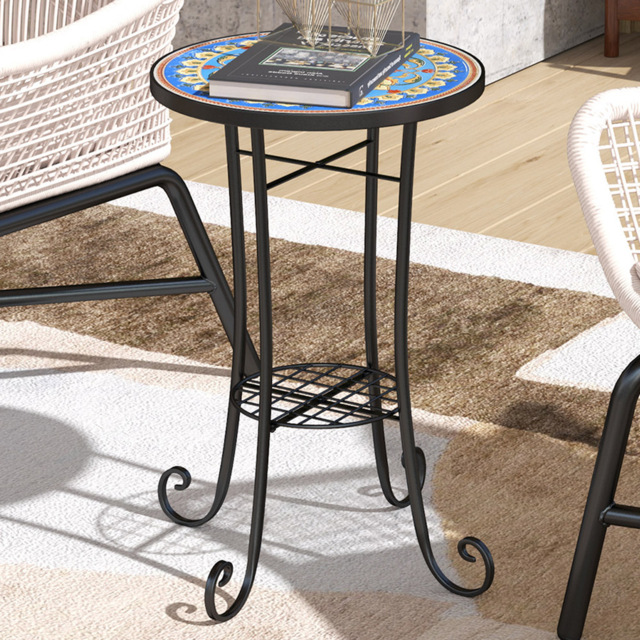 Outsunny Single Shelf Blue Round Mosaic Garden Side Table - Size: 54.5 x 35.5 x 35.5cm - Wilko - image 1