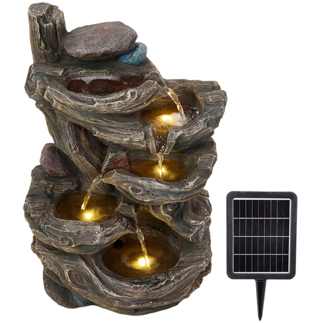 Living and Home 5-Tier Tree Trunk Wood and Rock Effect Solar LED Water Feature - Size: 27 x 19 x 46cm - Brown - Wilko - image 1