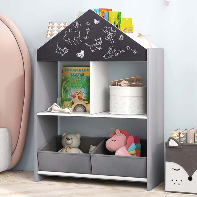 Costway 2 Drawer Grey Kids Wooden Dollhouse Bookshelf - Size: 81 x 36 x 13cm - Wilko - image 1