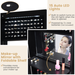 Costway Black LED Mirror Jewellery Cabinet - Size: 132 x 44cm - Wilko - thumbnail 7