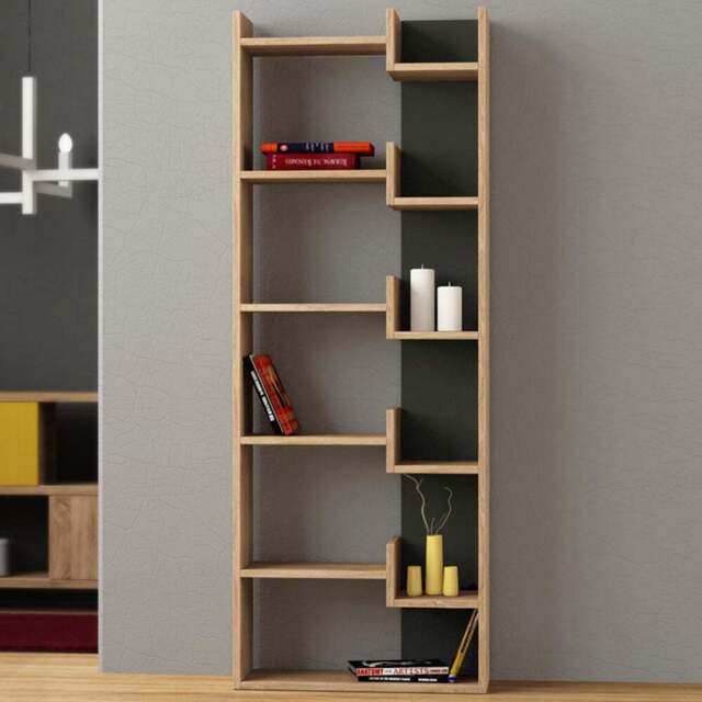 Decortie Oppa Oak and Anthracite Grey 5 Zigzag Shelf Bookcase - Size: 5 Shelf - Multi - Wilko - image 1