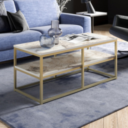 Decorotika Forteus Single Shelf White Marble Effect and Gold Coffee Table with Metal Legs - Size: 47 x 110.4 x 52cm - Multi - Wilko