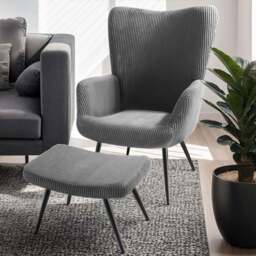 tectake Hygge Wide Corduroy Anthracite and Black Padded Armchair with Stool - Size: Single - Grey - Wilko