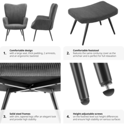 tectake Hygge Wide Corduroy Anthracite and Black Padded Armchair with Stool - Size: Single - Grey - Wilko - thumbnail 6