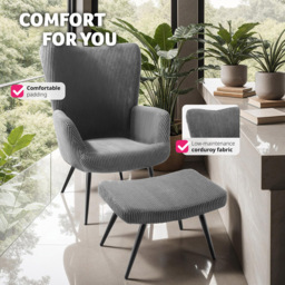 tectake Hygge Wide Corduroy Anthracite and Black Padded Armchair with Stool - Size: Single - Grey - Wilko - thumbnail 7
