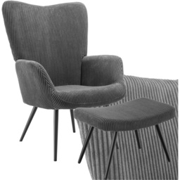 tectake Hygge Wide Corduroy Anthracite and Black Padded Armchair with Stool - Size: Single - Grey - Wilko - thumbnail 3