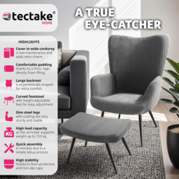tectake Hygge Wide Corduroy Anthracite and Black Padded Armchair with Stool - Size: Single - Grey - Wilko - thumbnail 4
