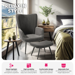 tectake Hygge Wide Corduroy Anthracite and Black Padded Armchair with Stool - Size: Single - Grey - Wilko - thumbnail 5