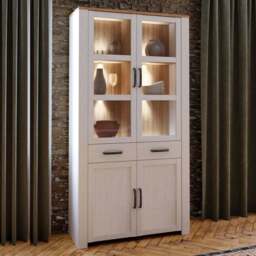 Florence Bohol 4 Door 2 Drawer Oak and White Glass Display Cabinet with LED Lighting - Size: 205.4 x 106.4 x 42cm - Multi - Furniture To Go - Wilko - thumbnail 1