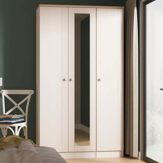 Crowndale Sussex 3 Door Kashmir Ash and Bardolino Oak Tall Mirror Wardrobe Ready Assembled - Kashmir Ash & Bardolino Oak - Wilko - image 1