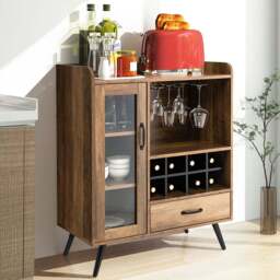 Costway Single Door Single Drawer Brown Wooden Wine Cabinet - Size: 96 x 47 x 24cm - Wilko