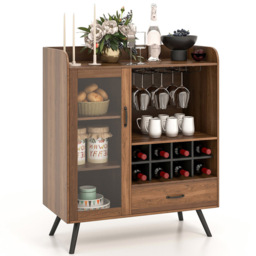 Costway Single Door Single Drawer Brown Wooden Wine Cabinet - Size: 96 x 47 x 24cm - Wilko - thumbnail 3