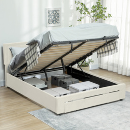 HOMCOM Double Cream Ottoman Bed with Adjustable Velvet Headboard - Wilko - thumbnail 5