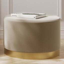 Lara Beige Velvet and Brushed Gold Large Pouffe - Cream - LPD Home - Wilko - thumbnail 1
