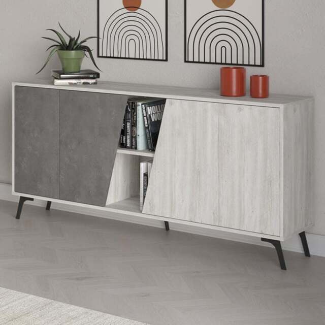Decortie Fiona 4 Door 2 Shelf Ancient White and Retro Grey Sideboard - Size: 82 x 180 x 35.6cm - Multi - Wilko - image 1