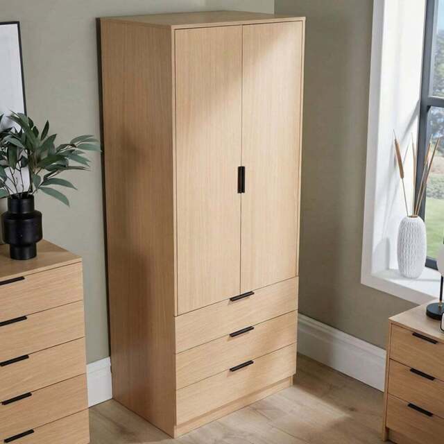 Home Source Phoenix 2 Door 3 Drawer Oak Effect Wardrobe - Size: 2 Door, 3 Drawer - Brown - Wilko - image 1