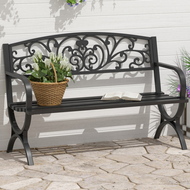 Outsunny 2 Seater Black Metal Bench with Armrest - Wilko - image 1