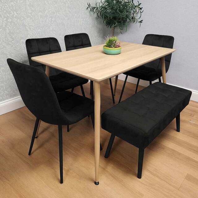 Kosy Koala 4 Seater Velvet Wooden Rectangular Dining Set with Bench Black - Beige - Wilko - image 1