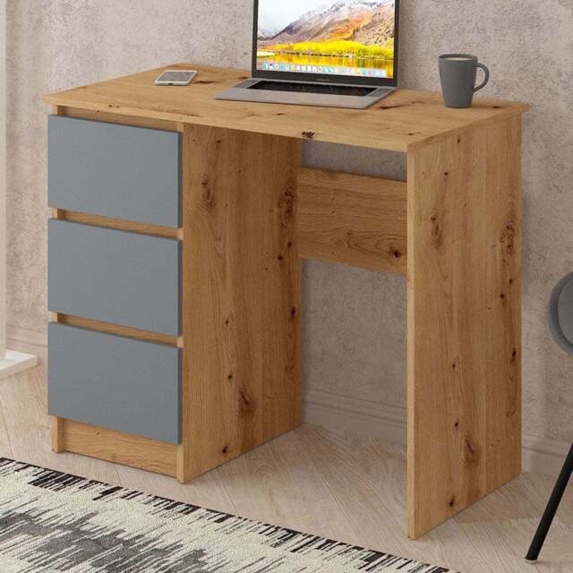 Shefa Cina 3 Drawer Computer Desk with Keyboard Tray Graphite and Artisan Oak - Size: 77 x 90 x 50cm - Graphite - Oak - Wilko - image 1