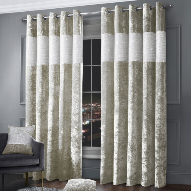 Intimates Diamante Natural Crushed Velvet Eyelet Curtains 168 x 223cm - Size: W 168 x D 223cm - Cream - Wilko - image 1