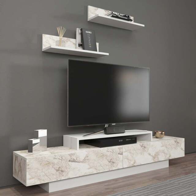 Decorotika Lusi 2 Door Single Shelf White Marble Effect and White TV Unit with 2 Wall Shelf - Size: 40 x 180 x 32cm - Wilko - image 1