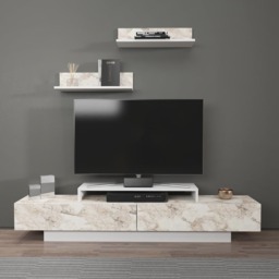 Decorotika Lusi 2 Door Single Shelf White Marble Effect and White TV Unit with 2 Wall Shelf - Size: 40 x 180 x 32cm - Wilko - thumbnail 6