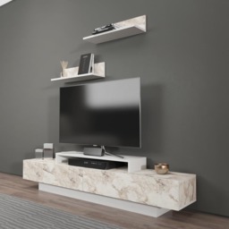 Decorotika Lusi 2 Door Single Shelf White Marble Effect and White TV Unit with 2 Wall Shelf - Size: 40 x 180 x 32cm - Wilko - thumbnail 4