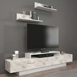 Decorotika Lusi 2 Door Single Shelf White Marble Effect and White TV Unit with 2 Wall Shelf - Size: 40 x 180 x 32cm - Wilko