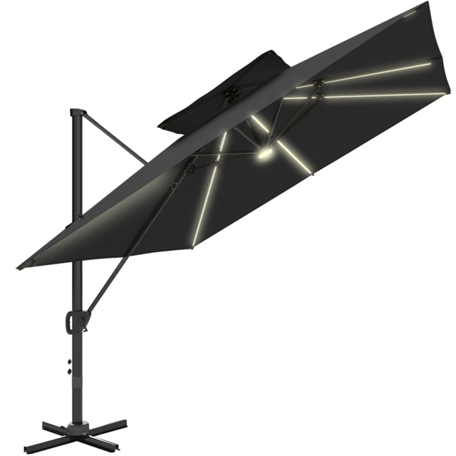 Outsunny 2 Tier Black Aluminium Solar LED Crank and Tilt Cantilever Parasol 3.5m - Size: 4m - Wilko - image 1