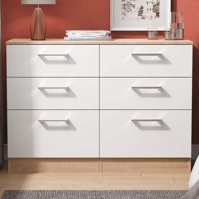 Crowndale Devon 6 Drawer Matt White and Bardolino Oak Wide Chest of Drawers Ready Assembled - White Matt & Bardolino Oak - Wilko - image 1