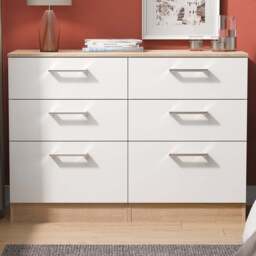 Crowndale Devon 6 Drawer Matt White and Bardolino Oak Wide Chest of Drawers Ready Assembled - White Matt & Bardolino Oak - Wilko