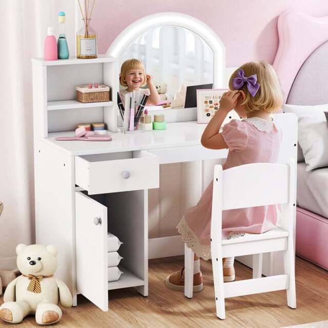 AIYAPLAY 2 Piece White LED Mirror Kids Dressing Table and Stool Set - Size: 96.9 x 38.8 x 88.6cm - Wilko - image 1