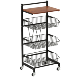 Costway 3 Shelf Height Adjustable Kitchen Storage Cart with Wheels and Removable Baskets - Size: 39 x 31 x 88cm - Black - Wilko
